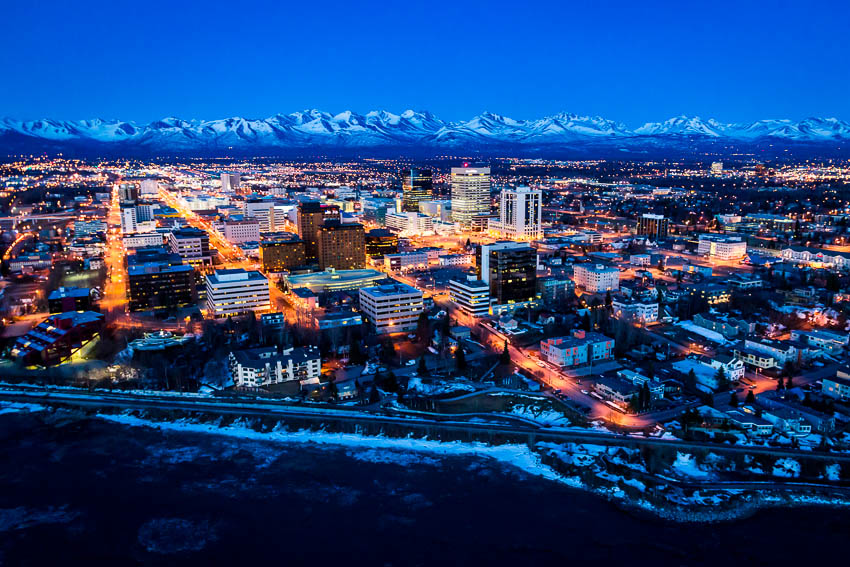 A spectacular early spring sunset over downtown Anchorage