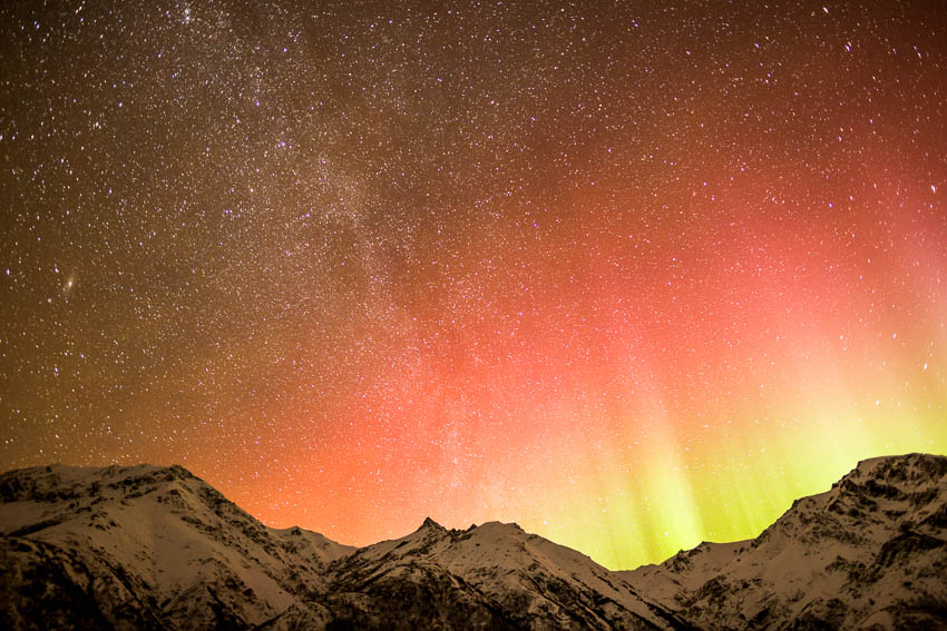The Northern Lights dance above Sheep Mountain, Alaska